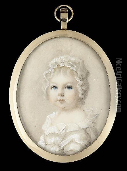 A Blue-eyed Child, Wearing White Dress With Frilled Collar And Bonnet Oil Painting - Abraham Daniel
