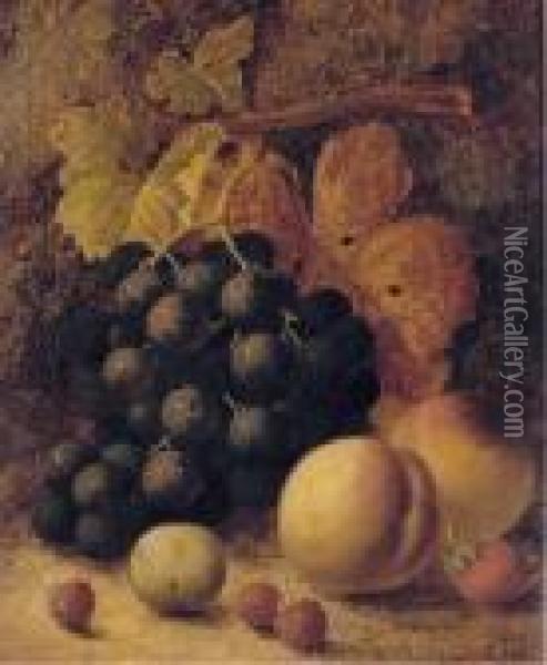 Grapes, Peaches, Raspberries, A Greengage And A Strawberry, On A Mossy Bank Oil Painting - Oliver Clare