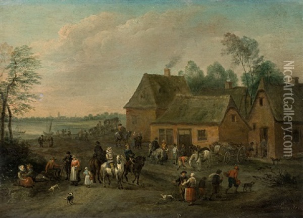 Village Scene On A River Bank Oil Painting - Karel Breydel