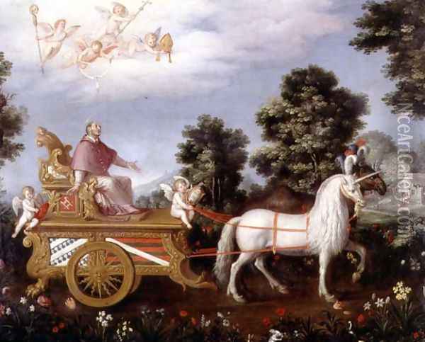 St Carlo Borremeo 1538-84 enthroned on a triumphal chariot Oil Painting - Adriaen van Stalbempt