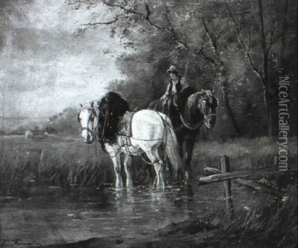 Boy Watering Work Horses Oil Painting - Eugene Fromentin