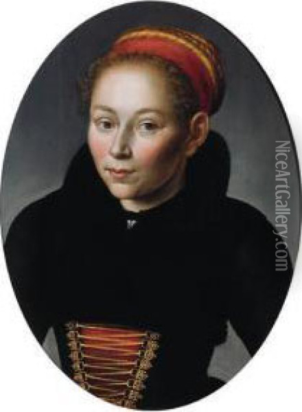 Portrait Of A Woman, Half 
Length, Wearing A Provincial Costume Anda Red Ribbon In Her Hair - A 
Fragment Oil Painting - Jan Claes Rietschoof