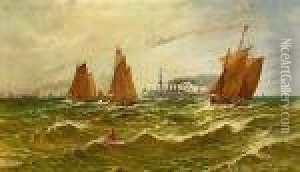 Marine (wesermundung) Mitzahlreichen Segelschiffen Und Kriegsschiff Oil Painting - T. George