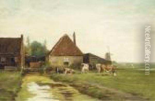 Cattle By A Farmhouse On A Canal Oil Painting - Willem Vester