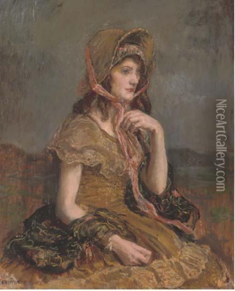 Portrait Of A Lady, Seated Half-length, In A Brown Dress Andbonnet Oil Painting - Imre, Emerich Knopp