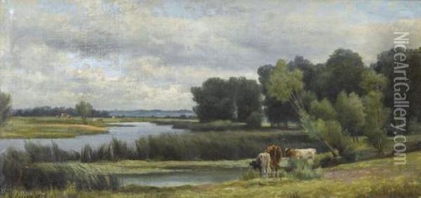 Flusslandschaft Mit Weidenden Kuhen Oil Painting - Robert Farren