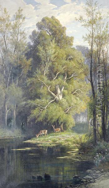 Deer Drinking At A Stream Oil Painting - Hermann David Salomon Corrodi
