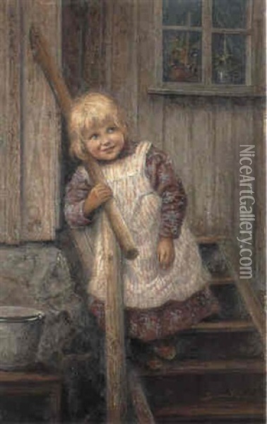 Flicka Pa Forstukvist Oil Painting - Johan Severin Nilsson