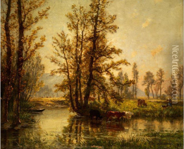 Landschaft Mit Jungen Baumen An Einem Bachlauf Oil Painting - Georges Louis Ch. Busson