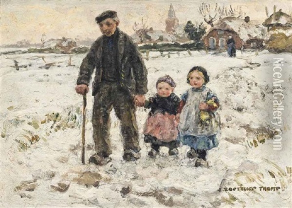 A Winter Walk With Grandpa Oil Painting - Johann Jan Zoetelief Tromp