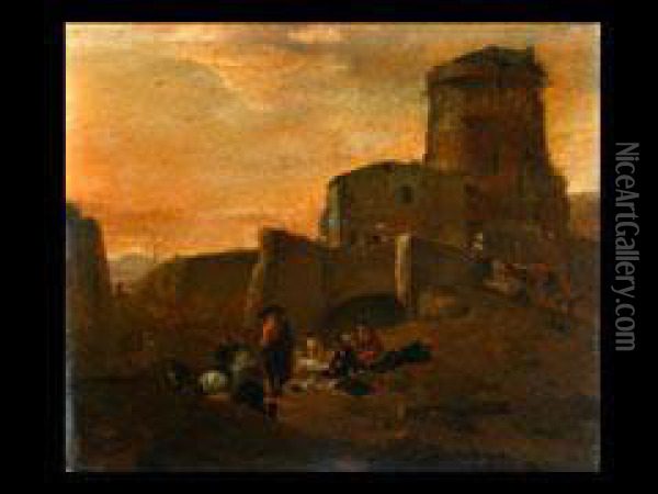 Landschaft Mit Ruinen Und Rastenden Sowiebadenden Personen Oil Painting - Thomas Wyck