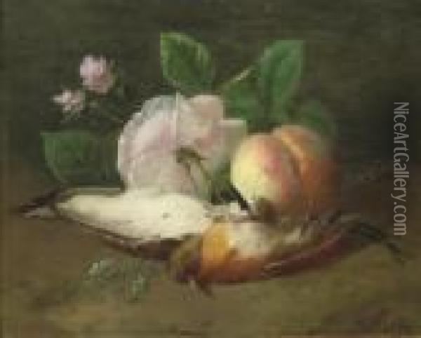 Song Birds, A Peach, Pink Roses And Heather Oil Painting - Henri Robbe