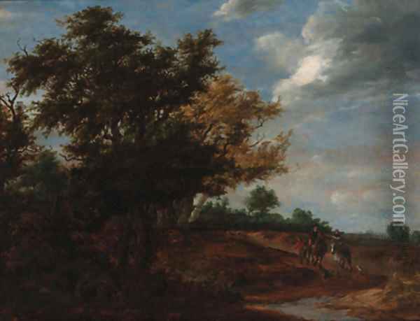 An extensive wooded landscape with travellers and a beggar on a path, Haarlem in the distance Oil Painting - Jacob Salomonsz. Ruysdael