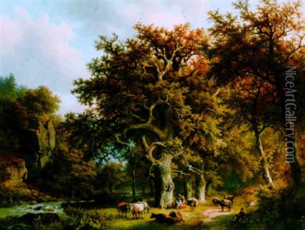 A Wooded Landscape With Cows And Herdsmen Near A Stream Oil Painting - Barend Cornelis Koekkoek