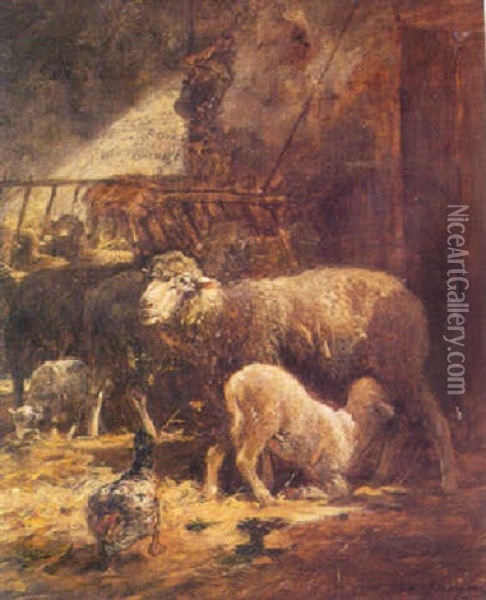 A Sheep And Her Lamb Oil Painting - Charles Emile Jacque