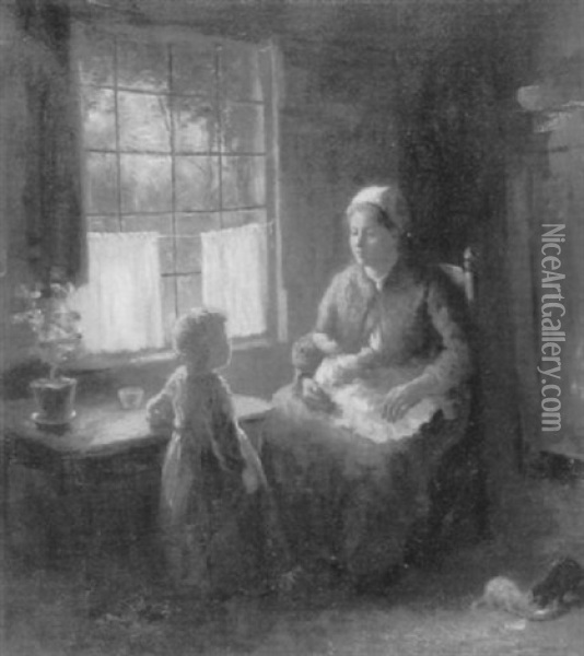 Mother And Children In A Kitchen Interior Oil Painting - Bernard de Hoog