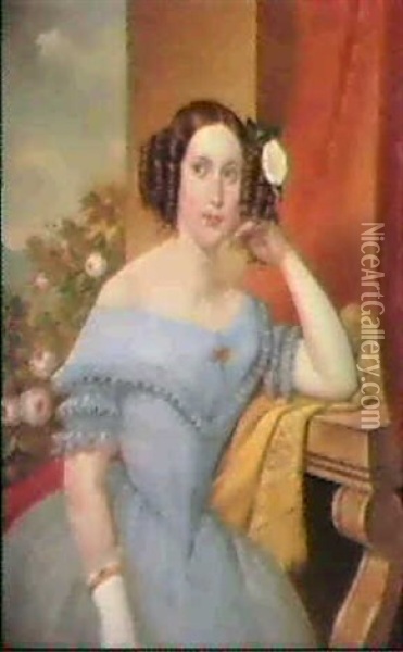 Halbfiguriges Portrat Der Baronesse Agatha Dusnei Am Fenstervor Einem Rosenstock Oil Painting - Franz Maschek