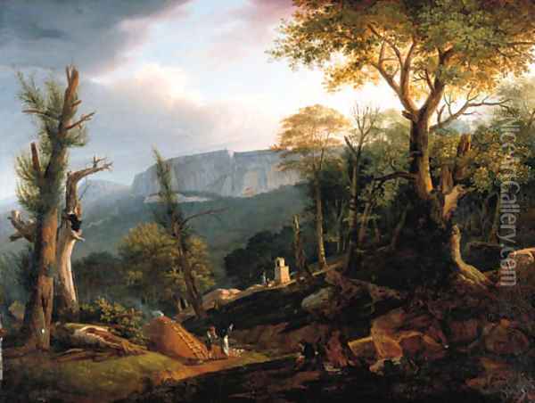 An extensive mountainous landscape with an artist sketching Oil Painting - Polydore Roux