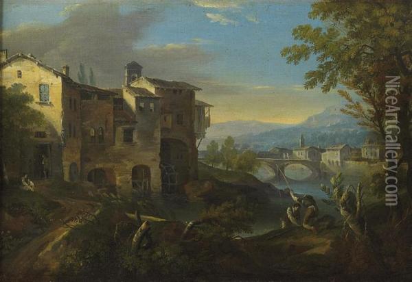 A Wooded River Landscape With Anglers By A Mill Oil Painting - Giuseppe Zais