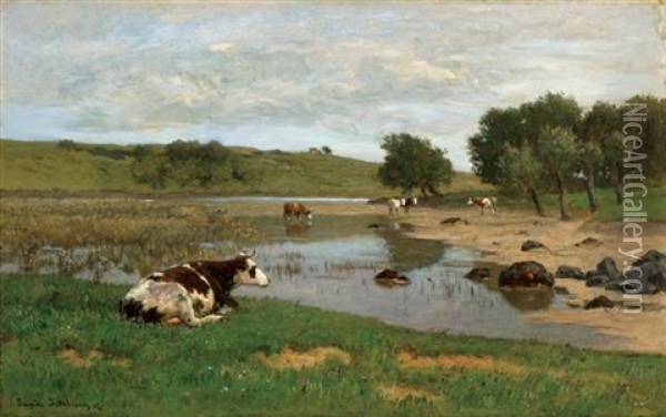 Cows Watering Oil Painting - Eugen Jettel