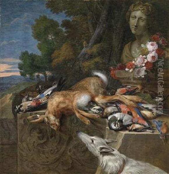 A Hunting Still Life Flanked By A Bust Of Diana And A Dog Oil Painting - Hieronymus Galle I