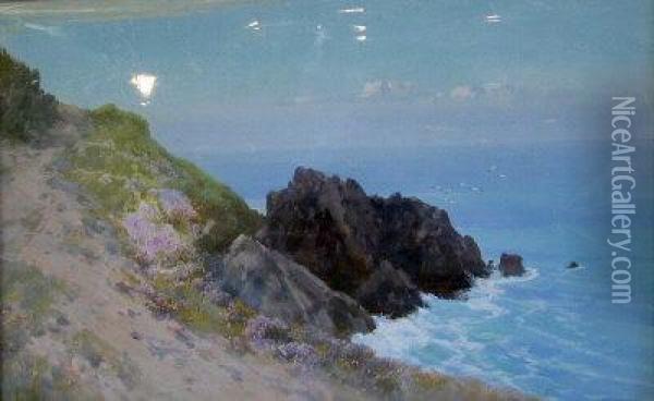 Headland Rocks, Newquay, Cornwall. Oil Painting - Frederick John Widgery