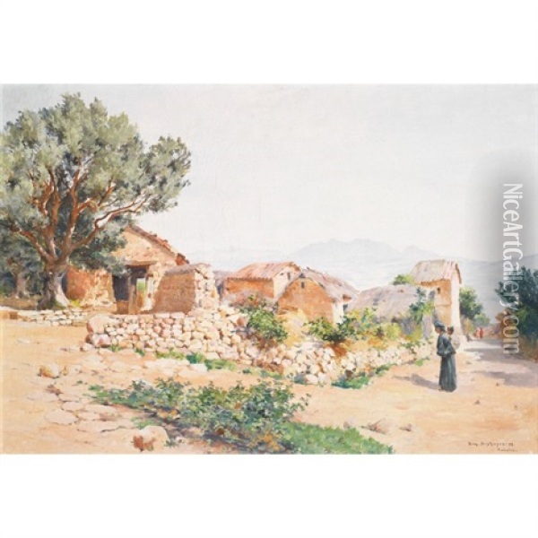 Village En Kabylie Oil Painting - Eugene F. A. Deshayes