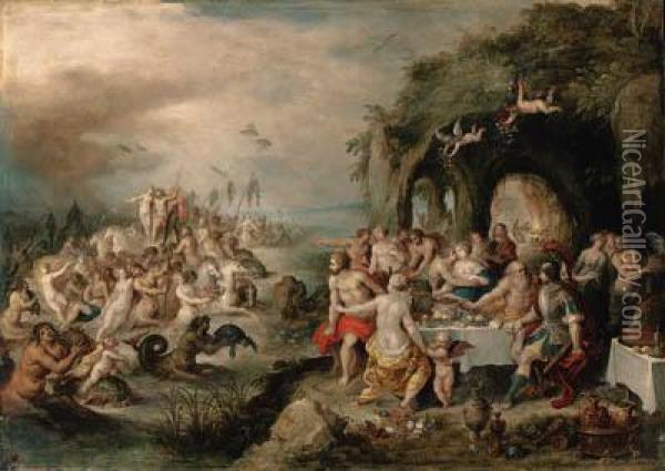 The Feast Of The Gods With The Triumph Of Neptune Andamphitrite Oil Painting - Frans II Francken
