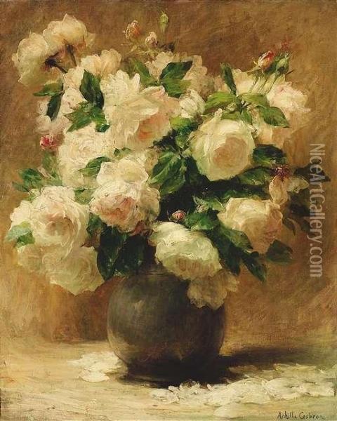 Still Life With White Roses In A Vase Oil Painting - Achille Theodore Cesbron
