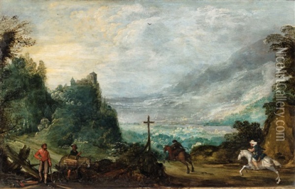 Mountain Landscape With Horseman And Woodcutter Oil Painting - Joos de Momper the Younger