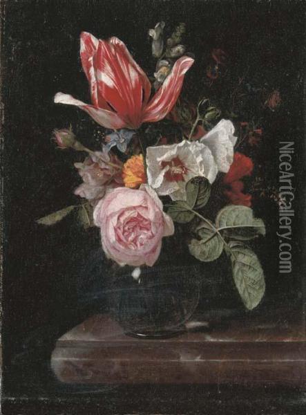 Roses, Peonies, A Tulip And Other Flowers In A Glass Vase On Astone Ledge Oil Painting - Cornelis Kick