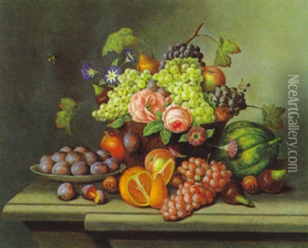 Stilleben Mit Fruchten Und Rosen Oil Painting - Johann Seitz