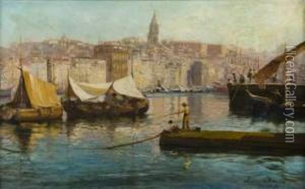 Le Port De Marseille. Oil Painting - Francois Leon Prieur-Bardin