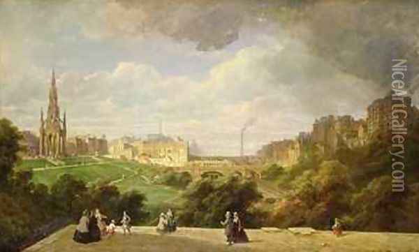 View of Edinburgh, the Walter Scott Monument Oil Painting - Pierre Justin Ouvrie