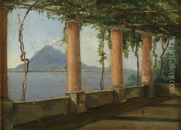 Ausblick Von Einer Weinumrankten Pergola Auf Den Rauchenden Vesuv Am Golf Von Neapel Oil Painting - Julius Friedlaender