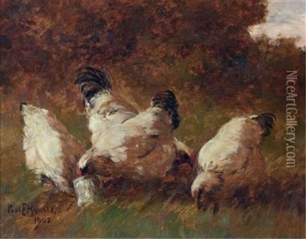 Four White Chickens Oil Painting - Paul Harney Jr.