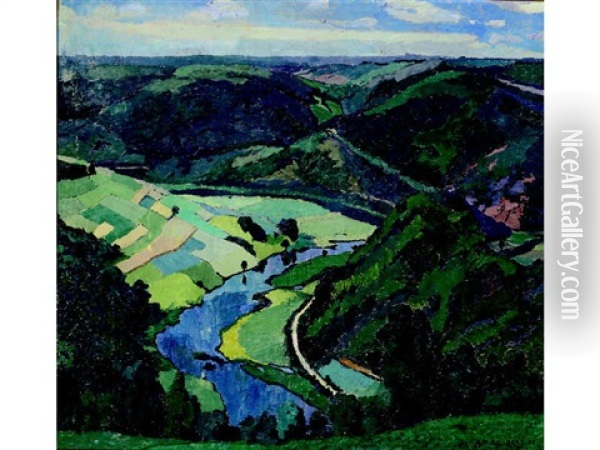Ariel View Of A River And Rolling Green Landscape Oil Painting - Maurice Guilbert