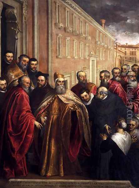 Pasquale Cicogna in Dogal Robes Visiting the Church and Hospital of the Crocifer Oil Painting - Palma Vecchio (Jacopo Negretti)