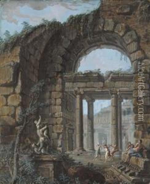A Ruined Classical Villa With Figures Dancing Oil Painting - Charles Louis Clerisseau