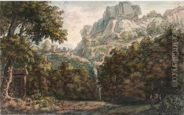 A Mountainous Wooded Landscape With A Waterfall, A Seated Figure And A Tomb Oil Painting - Jacobus Van Liender