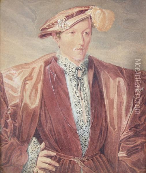Edward Vi, Half Length, In Red Robes With Awhite Shirt Oil Painting - George Perfect Harding