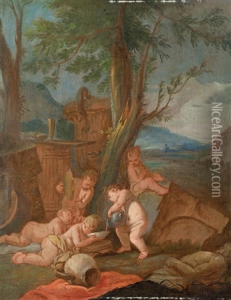Putti Playing In A Landscape Oil Painting - Giulio Carpioni