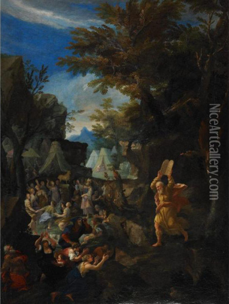 Moses Breaks The Tablets Of The 
Law After Coming Down Mount Sinai Finding The Children Of Israel 
Worshipping The Golden Calf And Rejoicing In The Spring Issuing From 
Rocks At An Encampment Oil Painting - Hendrick Balen