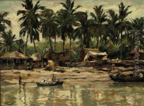 Kampong By The Indonesian River Oil Painting - Hans von Hayek