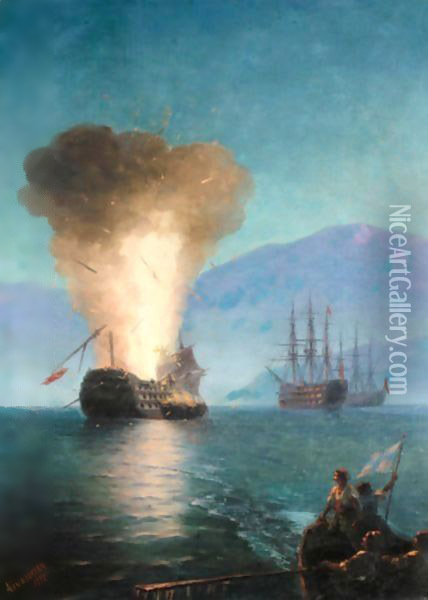The Firing Of The Turkish Fleet By Kanaris In 1822 Oil Painting - Ivan Konstantinovich Aivazovsky