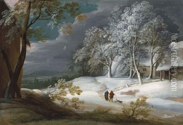 A Winter Landscape With Figures And A Dog On A Track, Cottages Beyond Oil Painting - Jacques d' Arthois