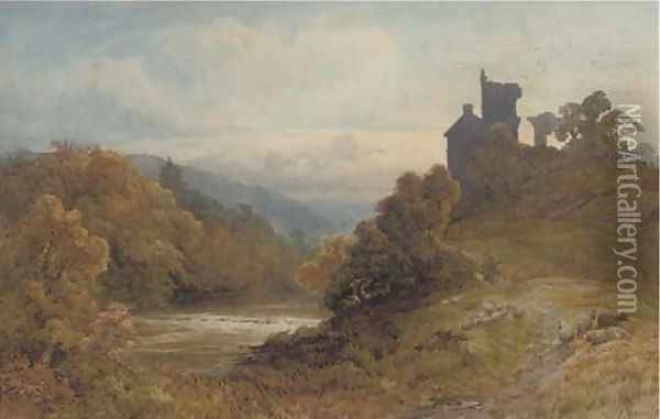 Sheep grazing above a river landscape Oil Painting - Frederick Mercer