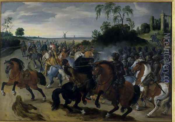 Cavalry in combat at the foot of a hill Oil Painting - Sebastien Vrancx