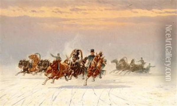 Soldiers On Troikas At High Speed Oil Painting - Petr Nikolaevich Gruzinsky