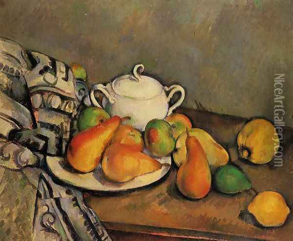 Sugarbowl Pears And Tablecloth Oil Painting - Paul Cezanne